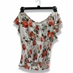 Floral Smocked Waist Ruffle Sleeve Top White Orange Pink Size Small